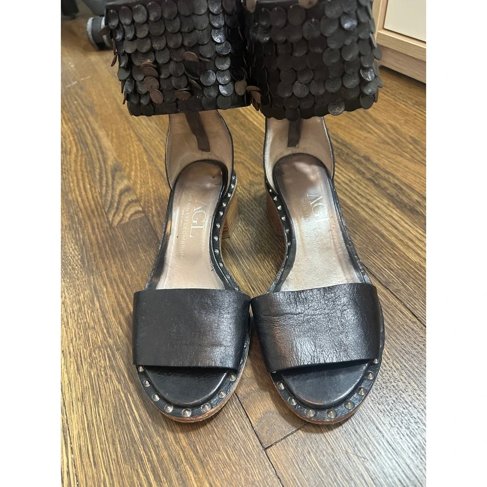 AGL Attilio Giusti Leombruni Black Ankle Strap Studded Sandals Size 37